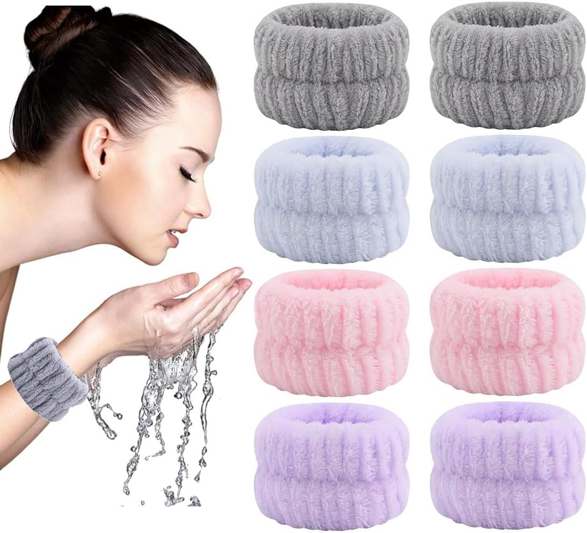 4 paar ademende polsbandages, wollige en elastische handdoek, microvezel polsbanden voor het wassen, handdoek, sporthoofdbanden voor de douche (4 kleuren)