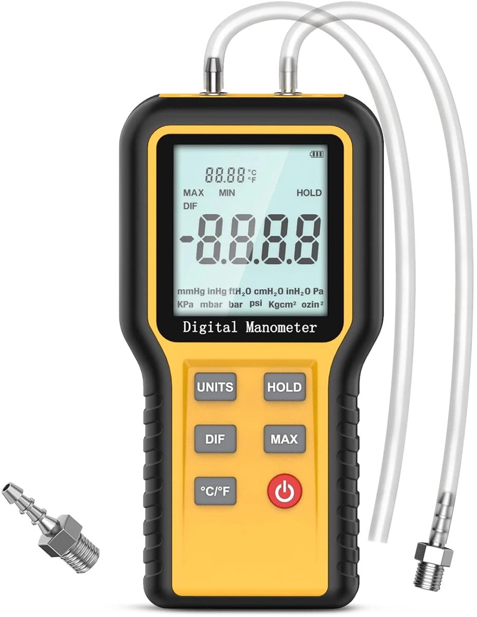 Digitale manometer voor gasdruk en differentiaal druk, met achtergrondverlichting en dataregistratie, 12 eenheden