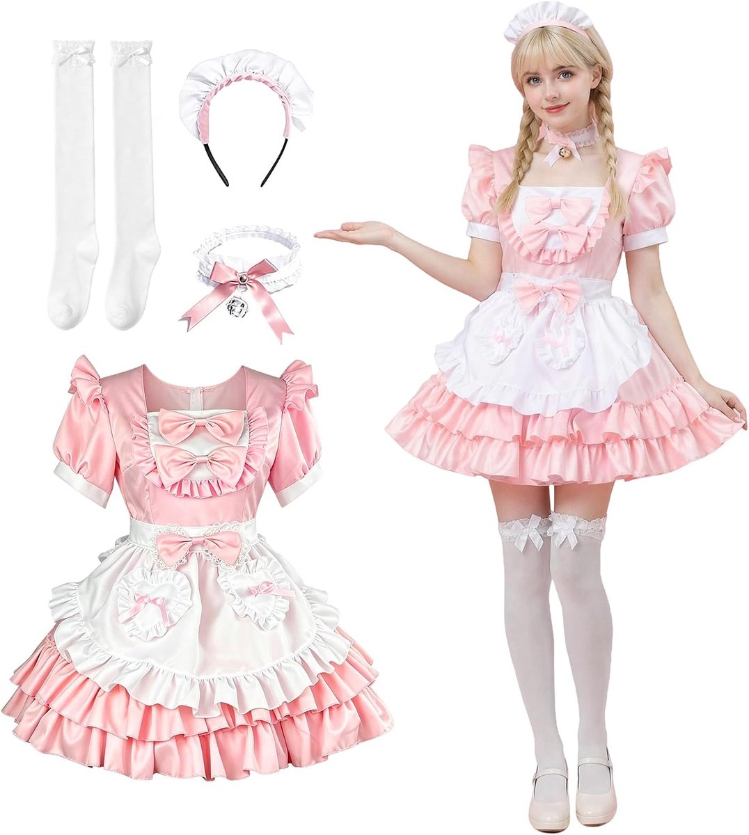 Dienstmeisjeskostuum, anime, meid cosplay, anime, maid, cosplay, met schort, bogen, hoeden en sokken, voor Halloween, carnaval, rollenspel, feest