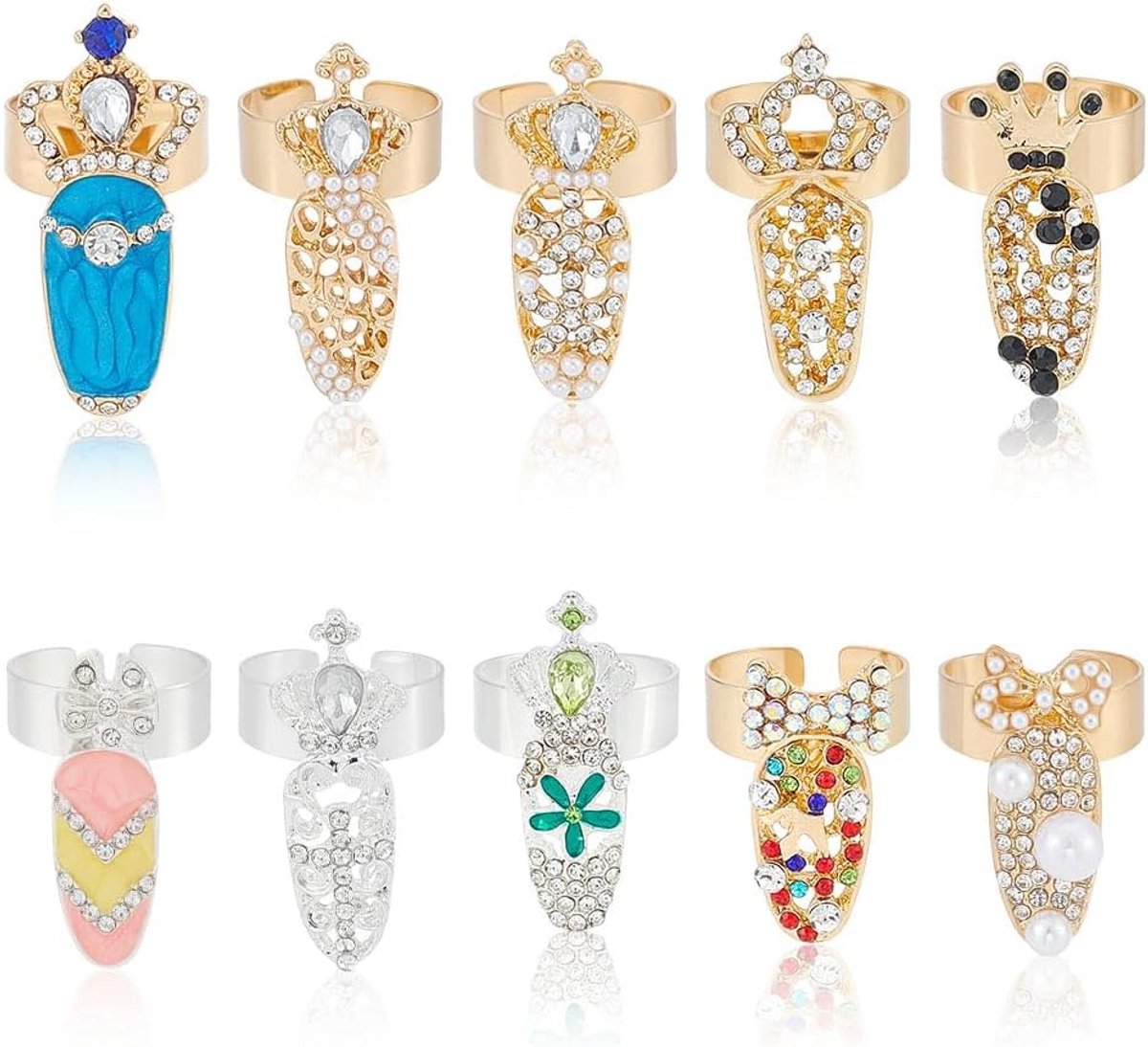 10 x nagelringen met strass, acryl, 10 stijlen, beschermring voor nagels, van legering, opening in meerdere stijlen, kroon, vlinderdas, nagelringen