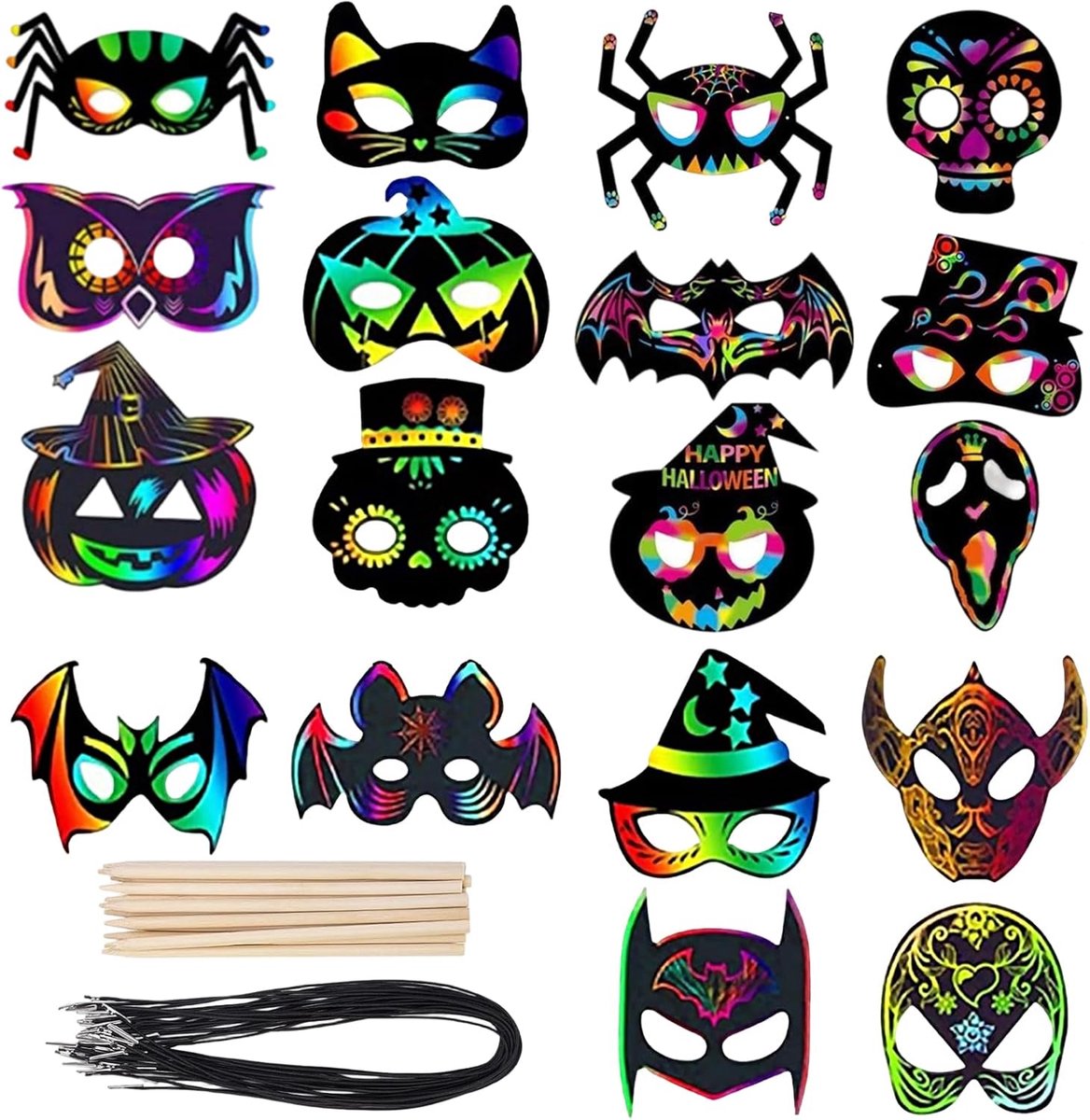 18 stuks Halloween krasmaskers, Halloween krasafbeeldingen regenboog kraspapier set met houten stift en lint, doe-het-zelf knutselset voor feestdecoratie, kleurrijk papier handwerk