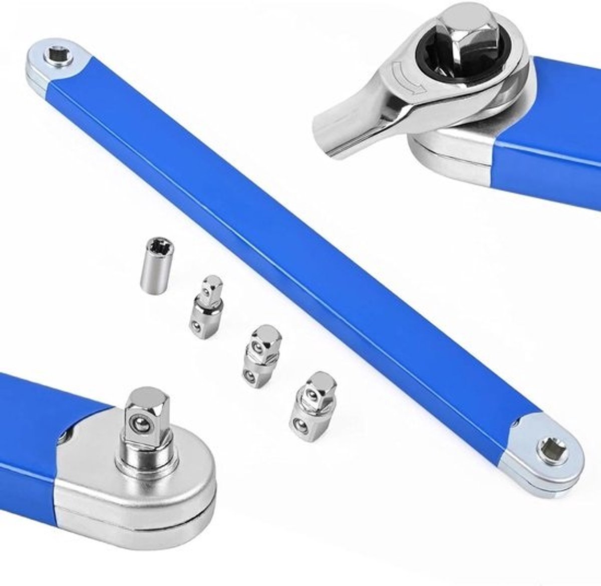 Gebogen verlengsleutel met 1/2", 1/4" en 3/8" aandrijfadapter - Multifunctionele ratel verlengsleutel voor monteurs en garageambachtslieden