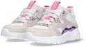 Roze lage sneakers van BunniesJR met panterprint, glitterdetails en paarse accenten. Witte veters.