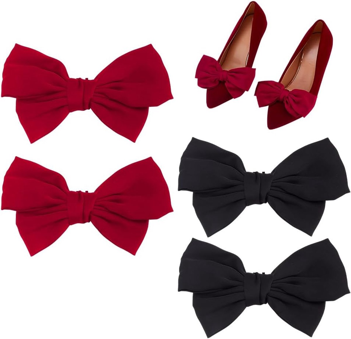 4 stks Bow Schoenclips, Polyester Schoen Sieraden Clips Elegante Schoenschoenen Clip op Afneembare Lint Schoen Decoratie voor Vrouwen Bruiloft Hakken Flats Pompen, Zwart en Donkerrood