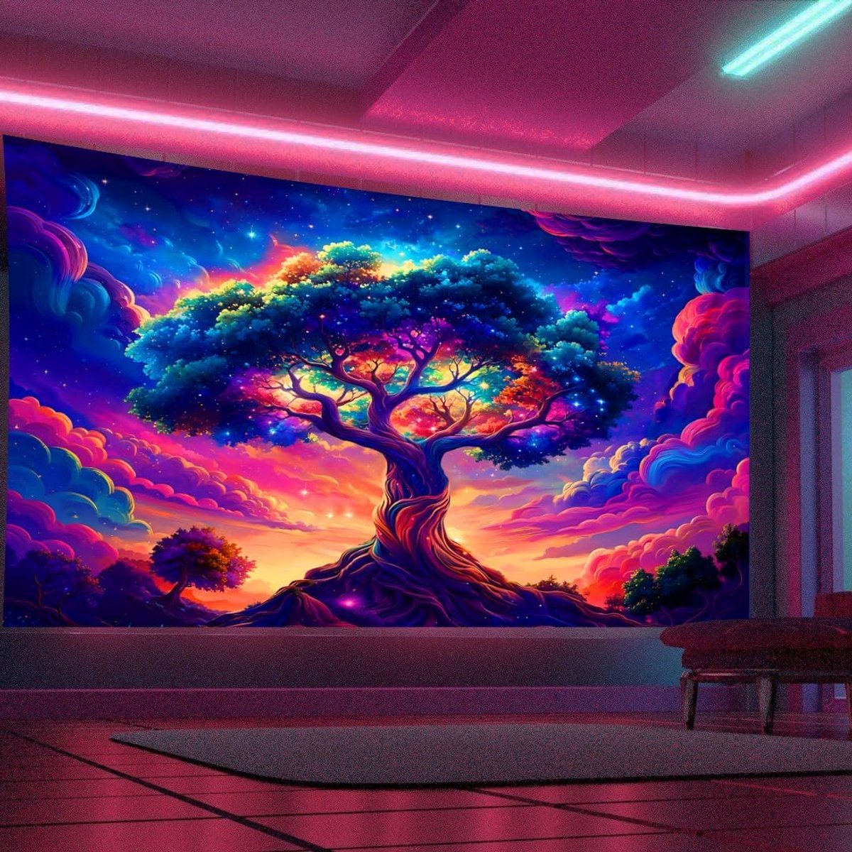 Zwartlicht-wandtapijt Aesthetic Lebensbaum Wanddoek Psychedelisch UV - Reactieve Wandtapijten Galaxy Hemel Kleurrijke Natuur Landschap Boom van het Leven Wanddecoratie Woonkamer, 300 X 180 CM