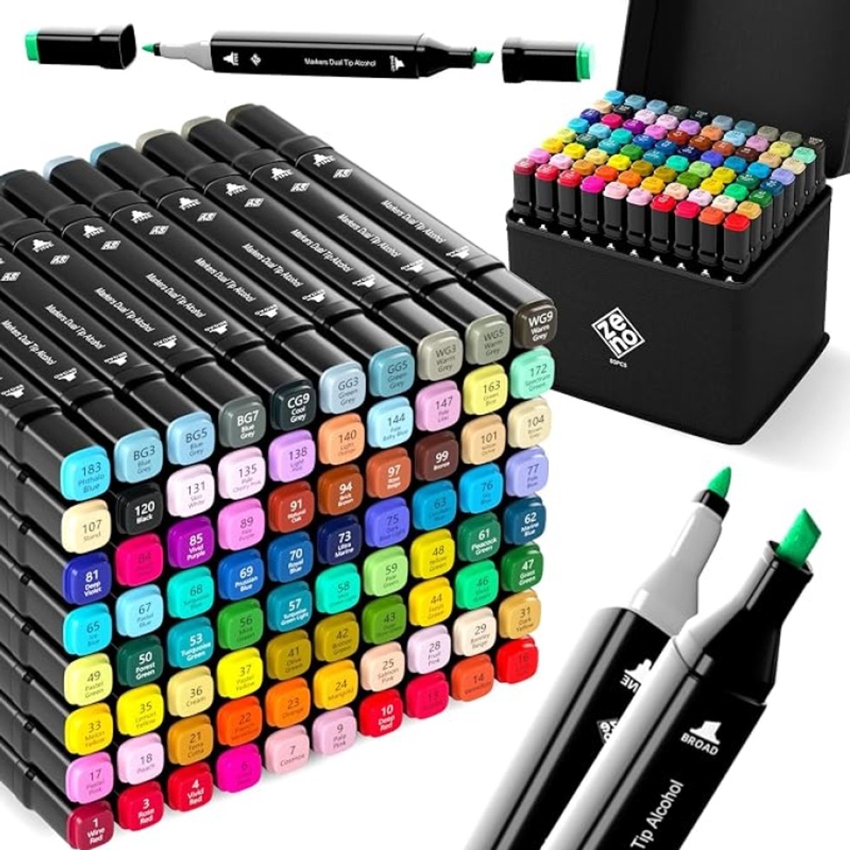 80 Alcohol Markers Set – Twin Markers met Brush & Fine Tip | Kleurstiften voor Volwassenen en Kinderen | Dubbeltip Stiften voor Tekenen & Kleuren | Inclusief Etui