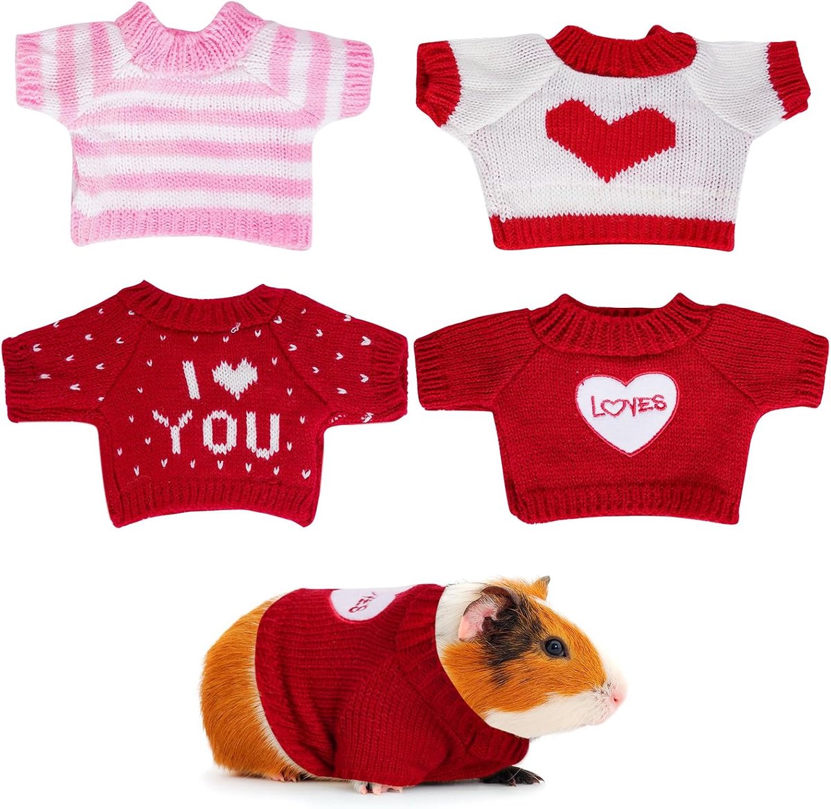 Choyaxo 4 stuks valentijn cavia kleding hamster trui fret gebreide kleding voor kleine dieren outfit winter kerstkleding (Valentijnsdag)