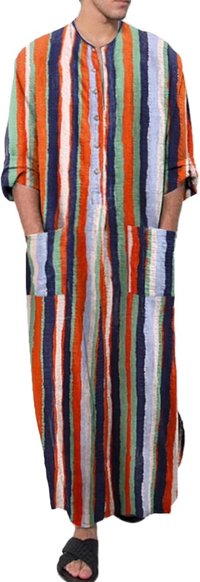 Thobe A10 Kaftan voor heren, lange mouwen, Abaya, islamitische robe, zakken, gebedskleding, lang, Djellaba, traditionele halslijn, linnen, A10