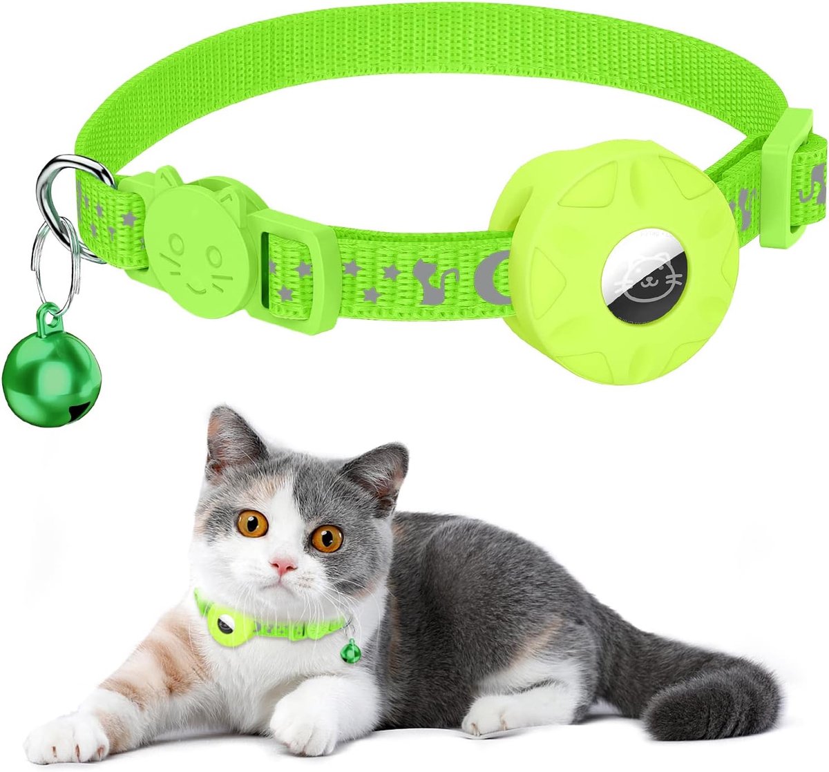Kattenhalsband, geïntegreerde kattenhalsband AirTag met AirTag-houder en bel, reflecterende kattenhalsband met afneembare veiligheidsgesp voor kittens puppy's (groen)