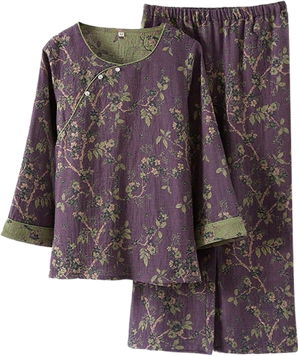 Damespyjama-set van puur jacquard met 3/4-mouwen en schuine kraag