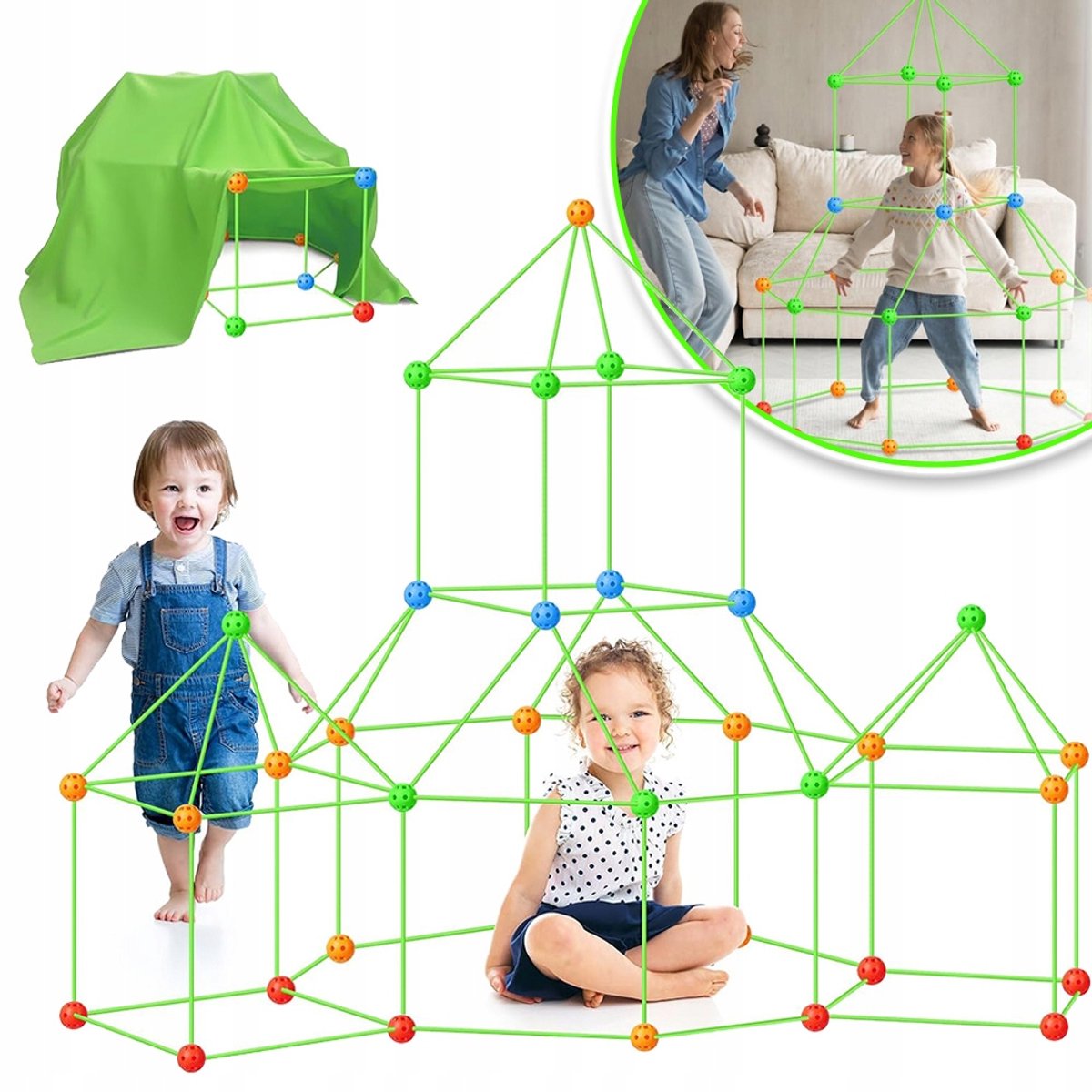 3D Speelhuis Tent Speelgoed Voor Het Bouwen Van Grotten, Raketten, Huizen, Iglo's, Tunnels En Kasteelen – 150 x 120 cm Doek – Duurzame Plastic Verbindingsstukken – STEM – Fantasierijk Fort Bouwpakket