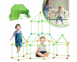 Tente de maison de jeux 3D pour construire des grottes, fusées, maisons, igloos, tunnels et châteaux – Toile de 150 x 120 cm – Raccords en plastique durables – STEM – Kit de construction de fort imaginatif