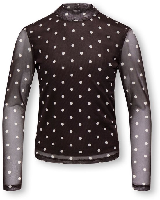 Zwarte mesh longsleeve top met opstaande kraag en witte polkadots.