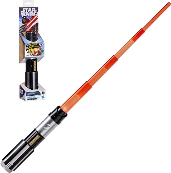Star Wars Darth Vader elektronisch lichtzwaard met rood lemmet naast de bijbehorende verpakking.