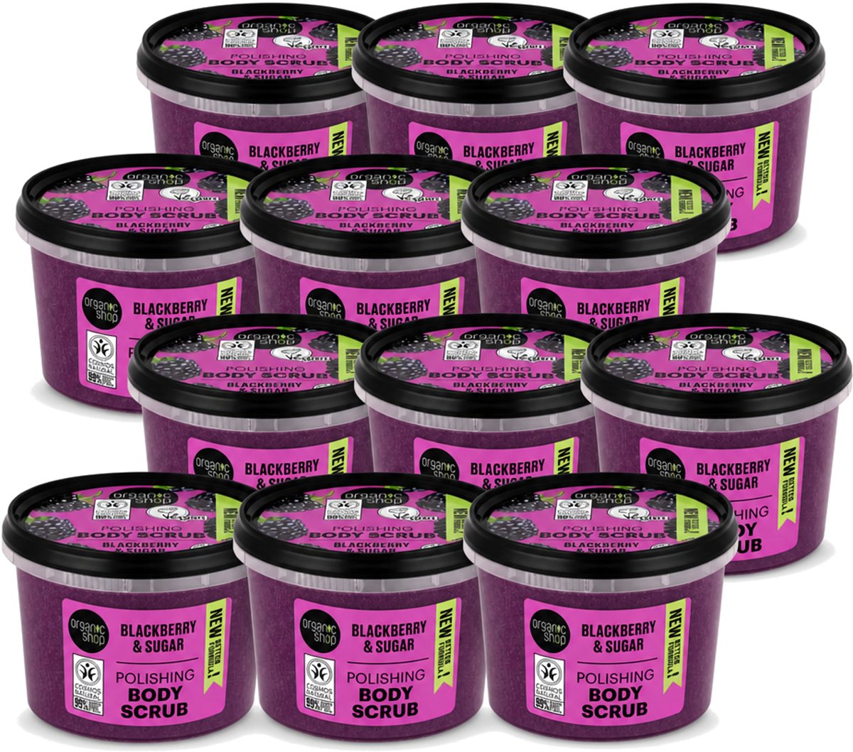 12 x Organic Shop - Body Scrub Blackberry - Verfrissend en Hydraterend - 250 ml - Voordeelverpakking - 12 stuks
