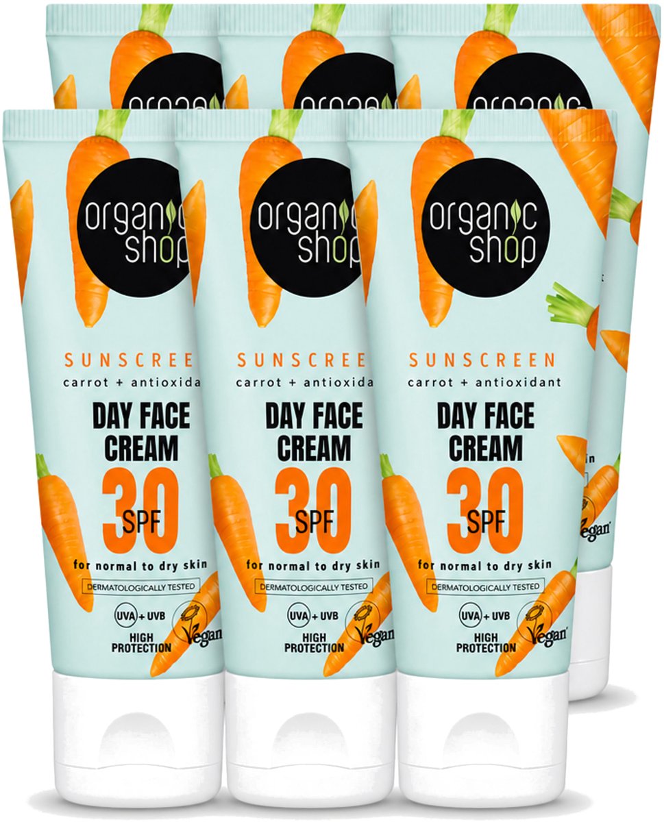 6 x Organic Shop - Zonnebrandcrème Gezicht SPF 30 - Normale Huid - 50 ml - Voordeelverpakking - 6 stuks
