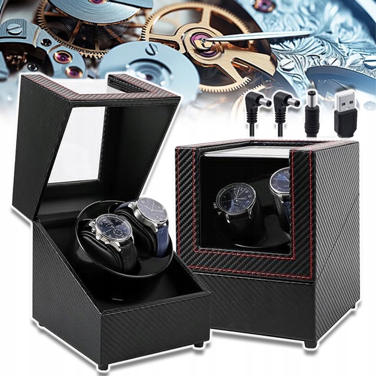 Horlogewinder Met Stille Motor En 2 Rotatiestanden – PU-Leer En Acrylglas Venster – USB-Voeding – Vitrine Voor Één Horloge – Zwart Koolstofvezel