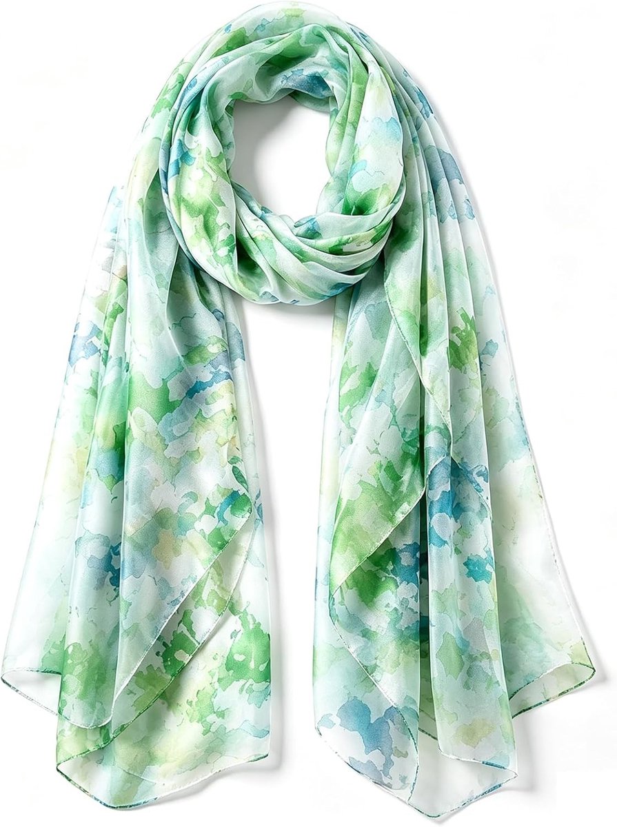 100% Zijden Sjaal voor Dames, 176 x 110 cm, Groene Bloemenprint, Kleurverloop, Lichte Zomer Sjaal, Zonbescherming, Feestelijke Sjaal voor Avondjurk en Bruiloft