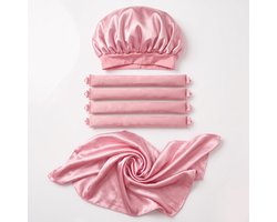 Premium Heatless Curls Set - 4 Koppelbare Haar Rollers & Satijnen Slaapmuts Bonnet - Hittevrije Krulspelden - Overnight Hair Curler met Hoofddoek Wrap - Volumineuze Krullen Zonder Hitte – Silk Blossom (Roze)