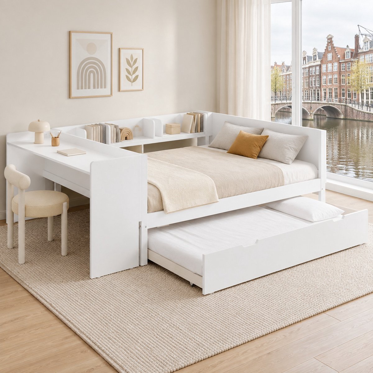 WUVRIE Tweepersoonsbed 140x200 cm met bureau, uitschuifbed, planken en opbergruimte, wit, zonder matras