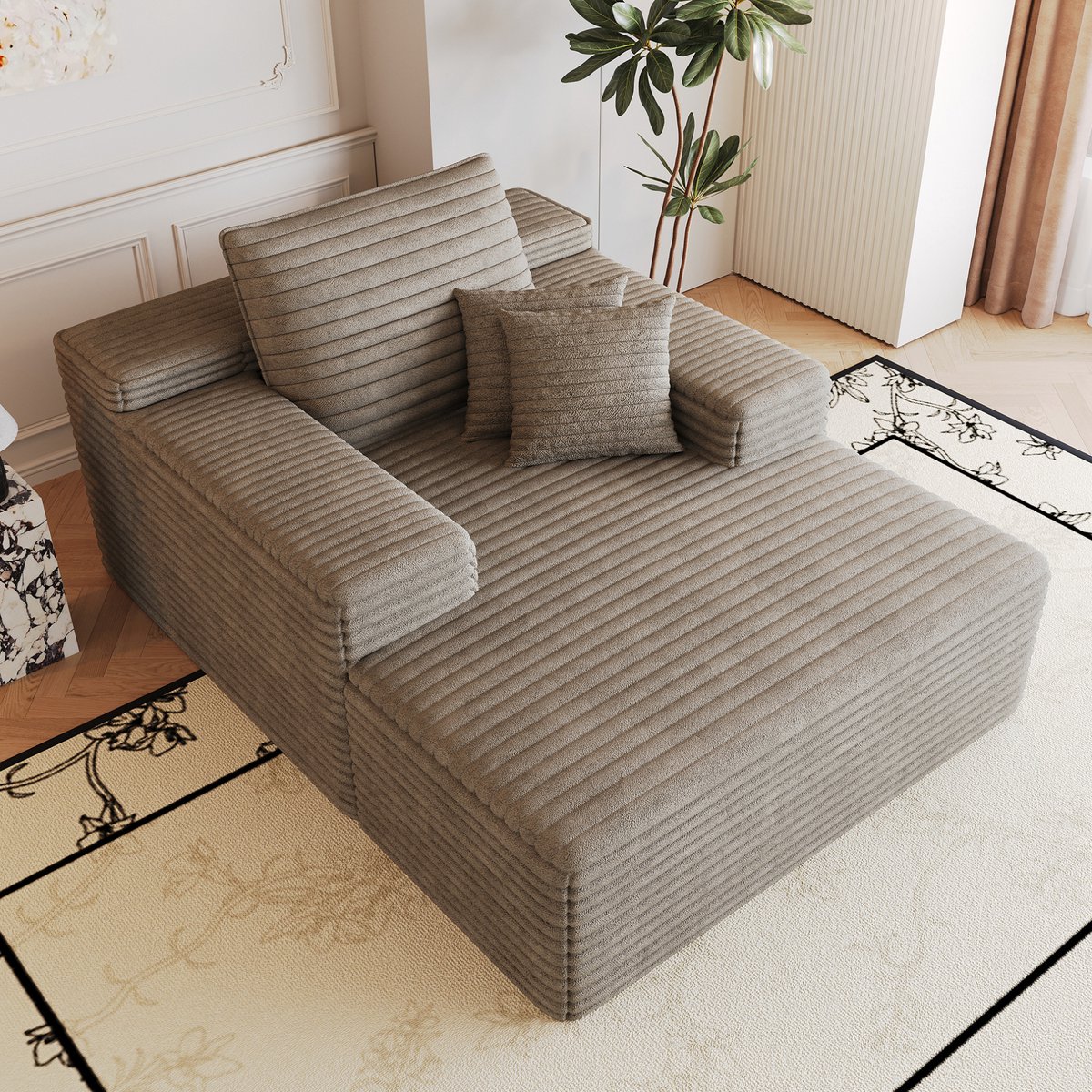 MODFU Chaise Longue - 1-Zits - Zonder Montage - Ribstof - Camel - 159 X 115 X 83 Cm