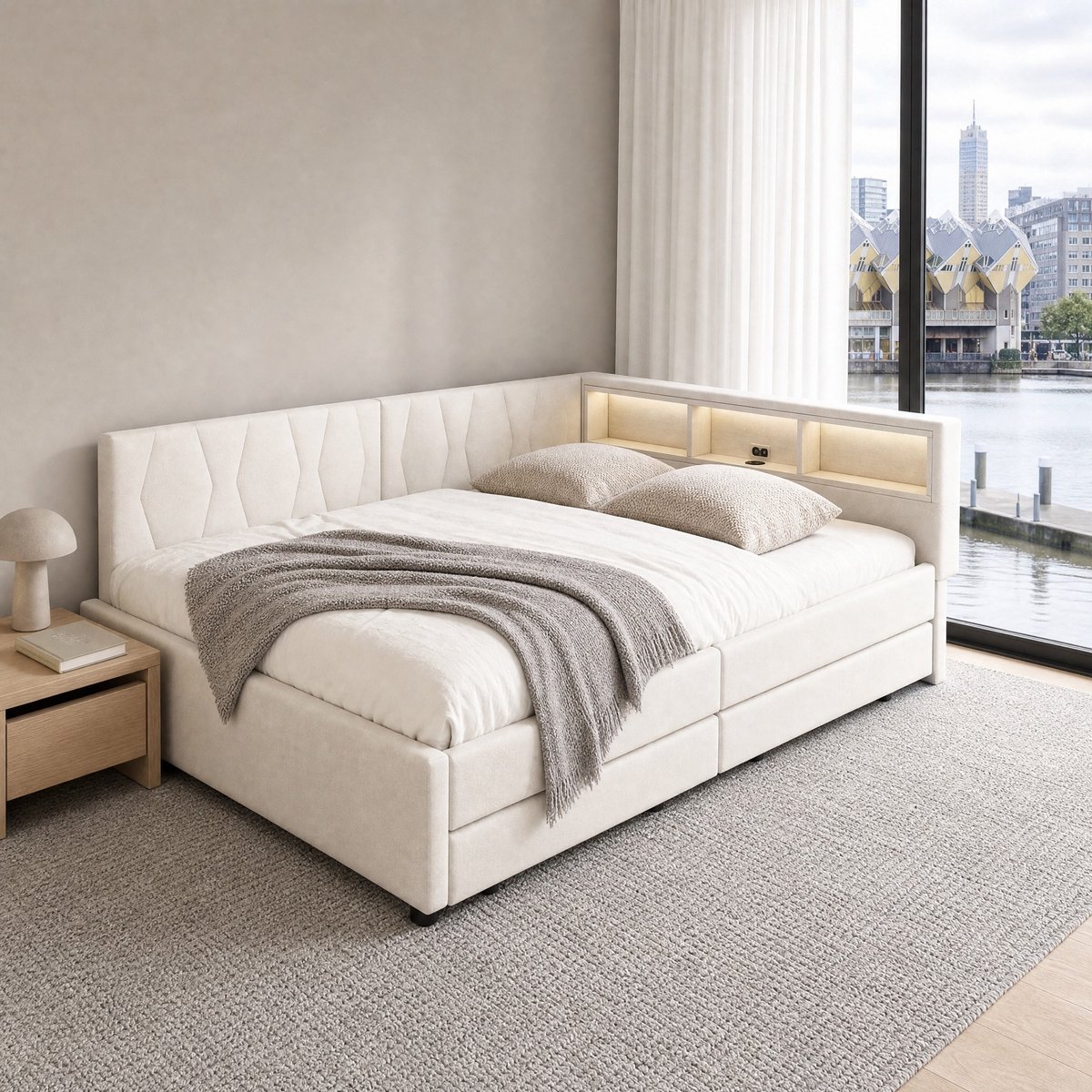 WUVRIE Slaapbank 140x200 cm met LED-verlichting, USB en Type-C, 2 lades, opbergruimte en lattenbodem, beige, zonder matras
