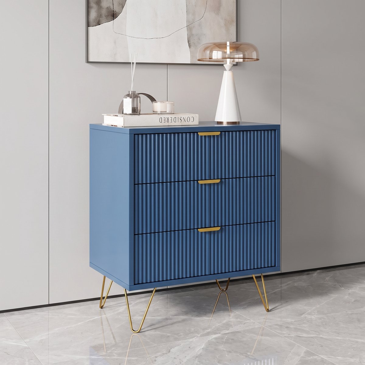MEXUS Nachtkastje/Bijzettafel met 3 Lades, Voorzien van Goudkleurige Metalen Handgrepen en Poten, Geschikt voor Woonkamer of Slaapkamer (Naast de Bank) Marineblauw