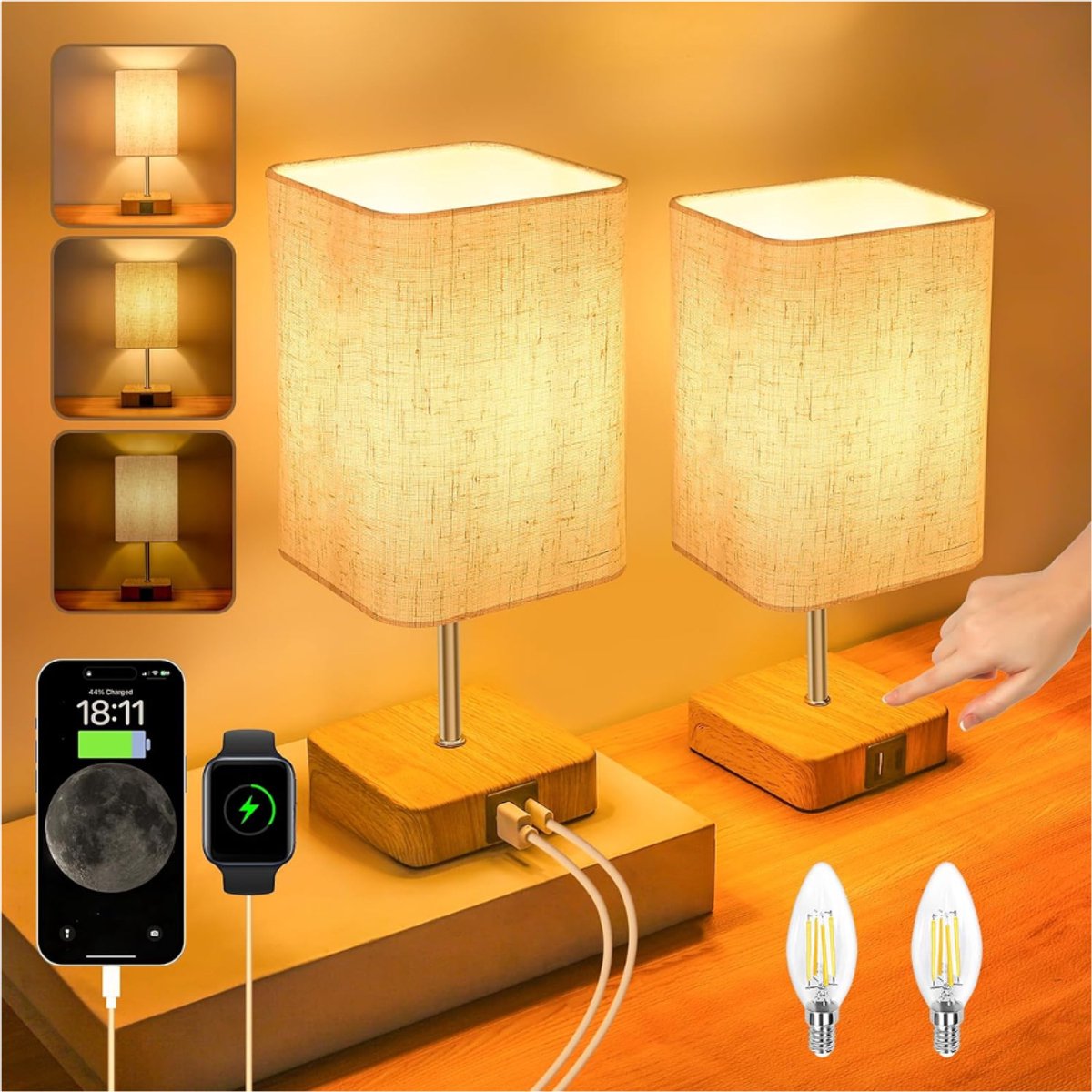 DYVNS® Nachtkast Lampje - Nachtlampje Slaapkamer - Bedlamp - Dimbaar - USB-Poorten - 2 Stuks