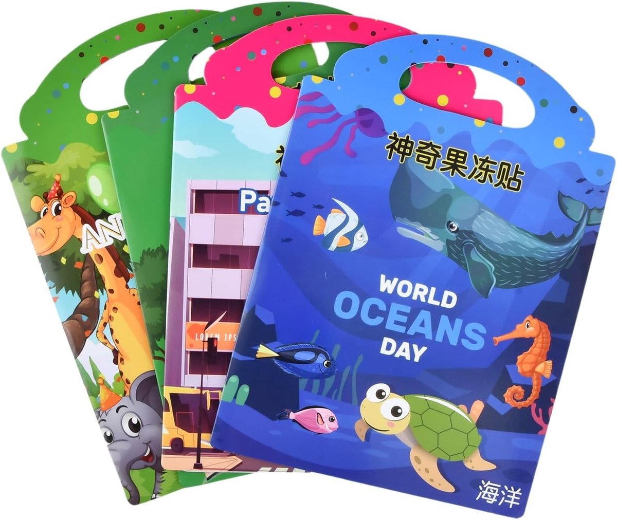 Set van 4 Herbruikbare Stickerboeken voor Kinderen vanaf 2 Jaar, Dierentuin, Oceaan, Dinosaurussen, Educatief Speelgoed, Creatieve Activiteit voor Jongens en Meisjes