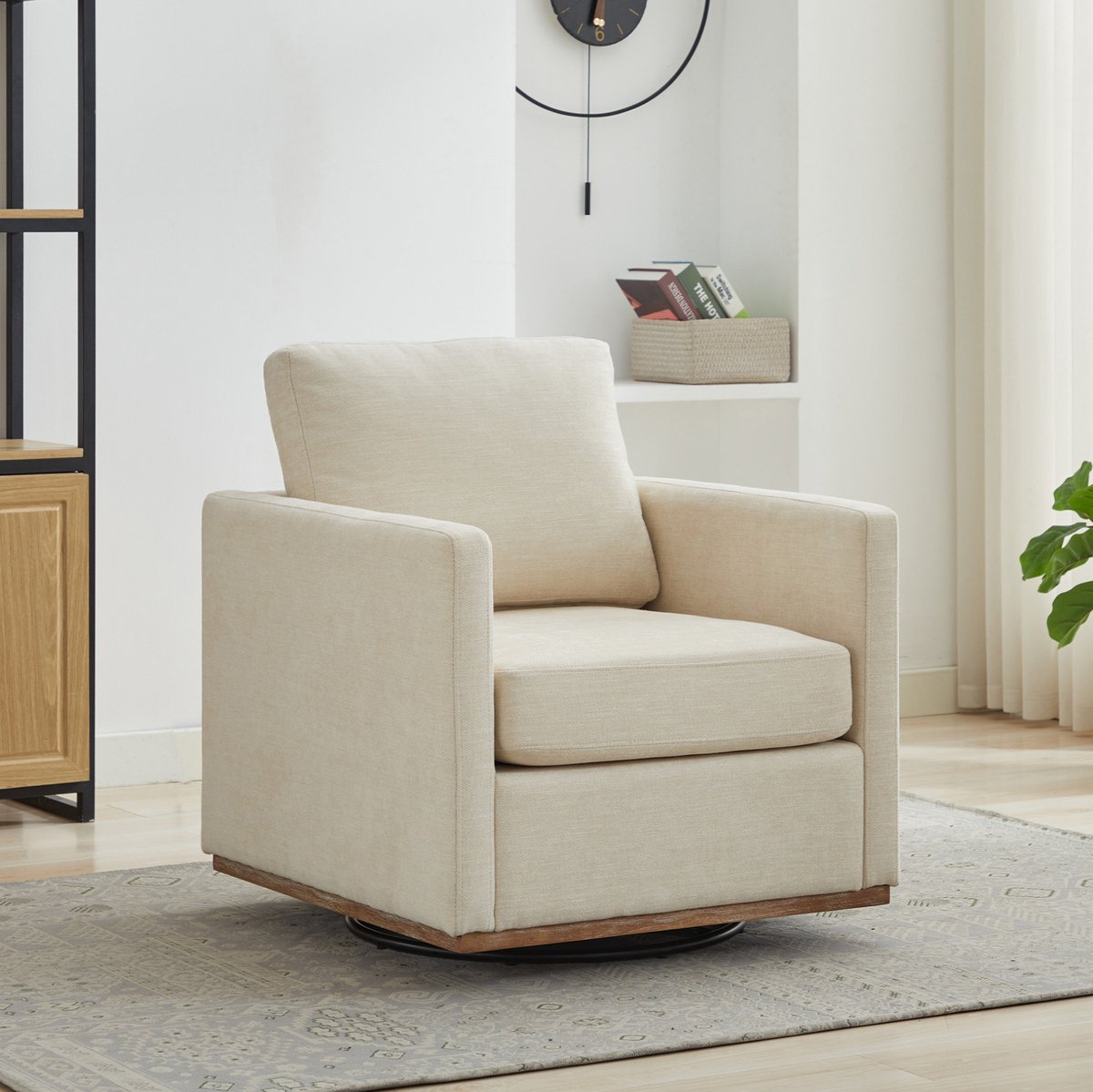 MEUNIQ Draaibare fauteuil 78 x 85 x 88,5 cm – 360° loungestoel met armleuningen, 17 cm chenille zitting en houten voet voor woonkamer, beige