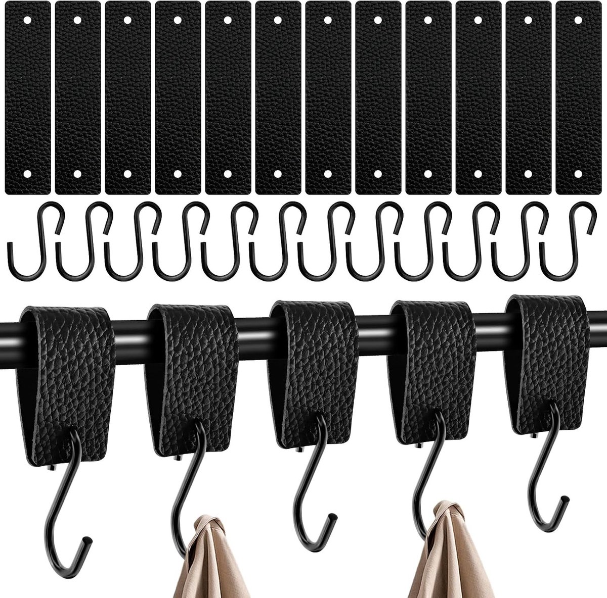 Set van 12 stevige S-haakjes met leren lus, roestvrijstalen haken voor kledingrekken, ideaal voor opbergen, camping en keuken, 12,5 x 3 cm