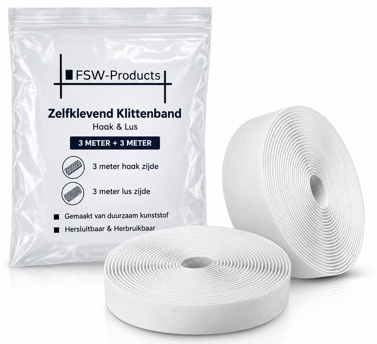 FSW-Products Zelfklevend Klittenband – 3 Meter Haak + 3 Meter Lus – 2 cm Breed – Sterk Zelfklevend – Wit