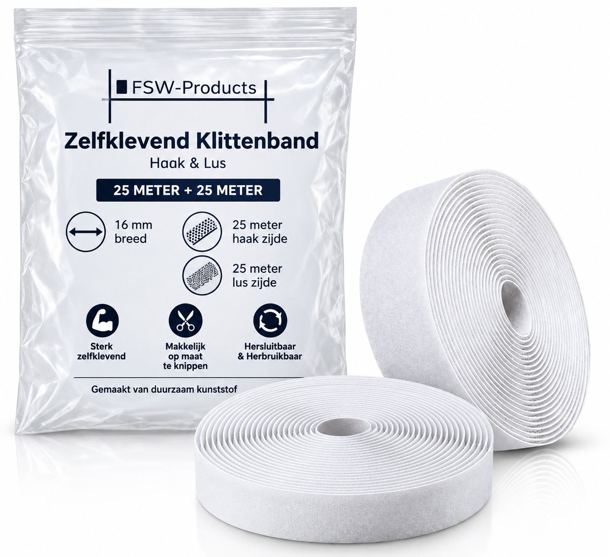 FSW-Products Zelfklevend Klittenband – 25 Meter Haak + 25 Meter Lus – 1.6 cm Breed – Sterk Zelfklevend – Wit