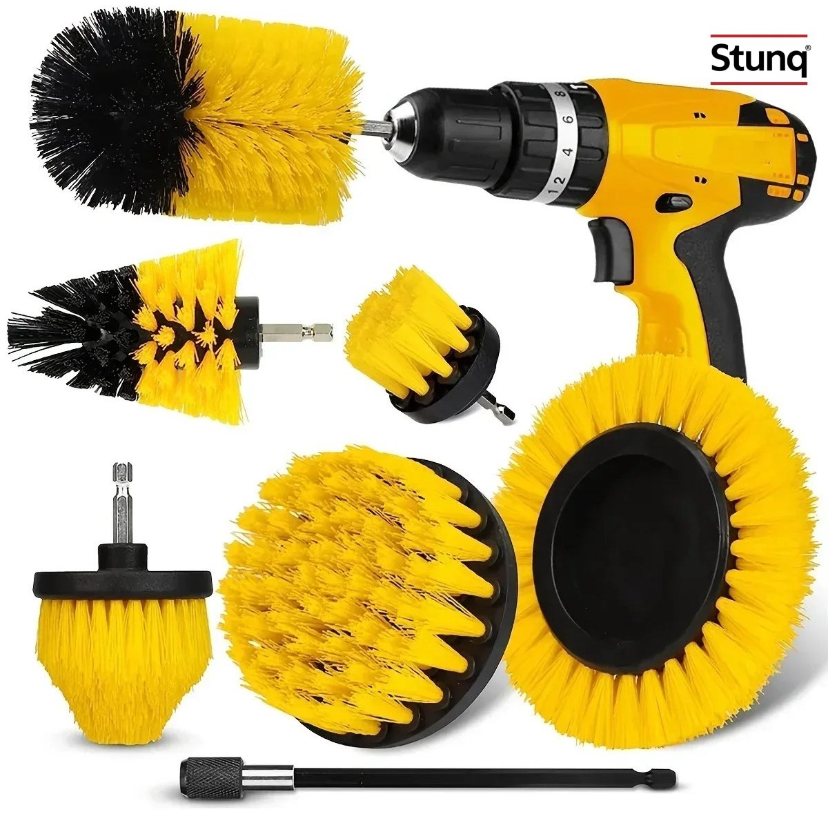 Stunq® 7-delige boorborstel set met verlengstuk – universele schoonmaakborstels voor auto, badkamer, keuken en vloer