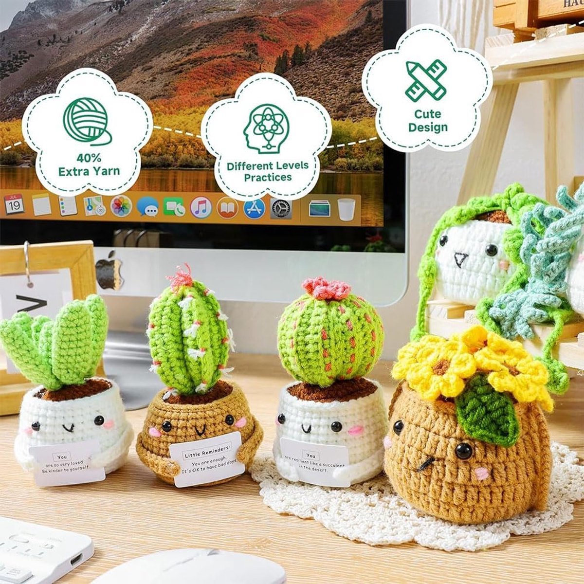 Haakset voor beginners, schattige cactus-haakset, 6 stuks, hangende handgemaakte bloempotten, haakset, haakset voor volwassenen, met stapsgewijze video-instructies in het Engels