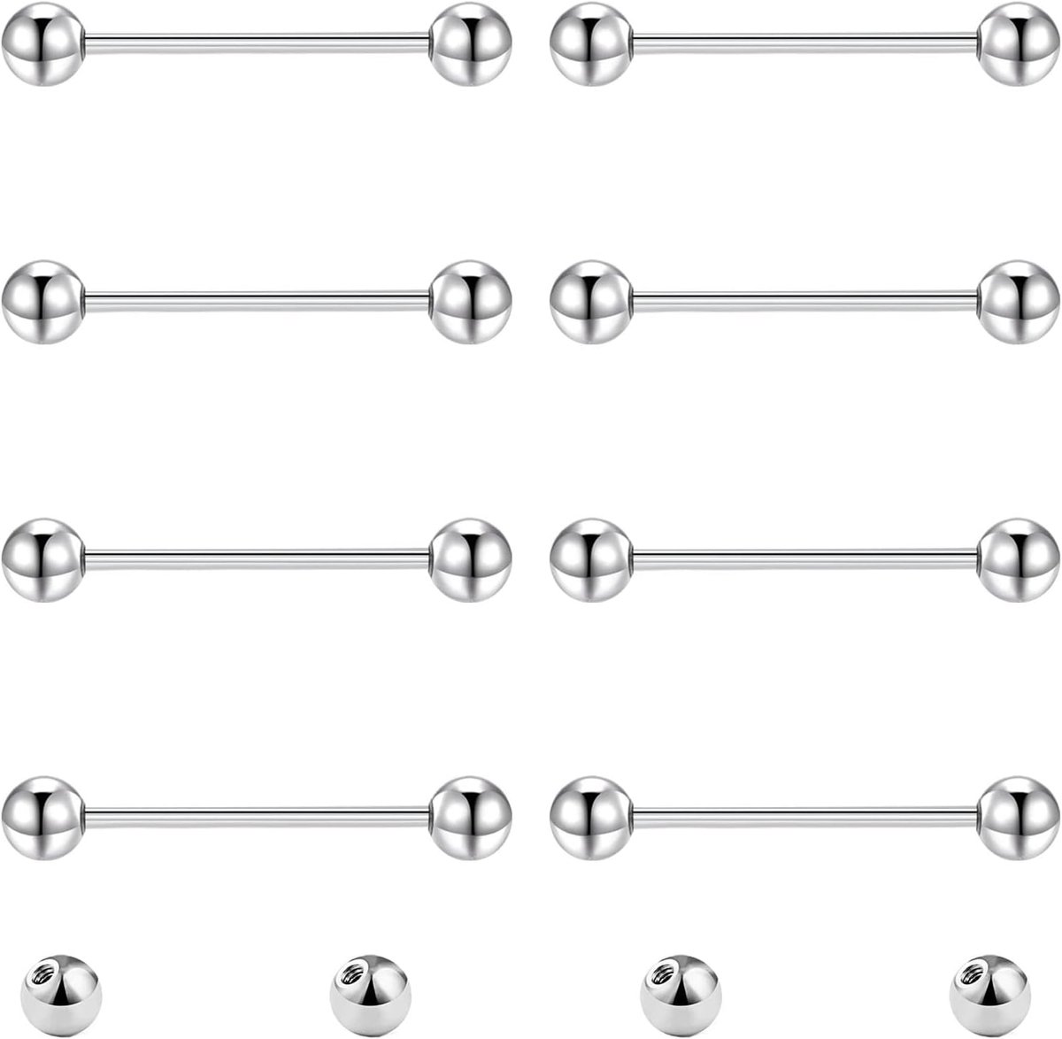 8 stuks tongtepelstangen en 4 stuks vervangende ballen 14G roestvrij staal metalen rechte barbell piercing sieraden zilver zwart 8/10/12/14/16/18/20mm