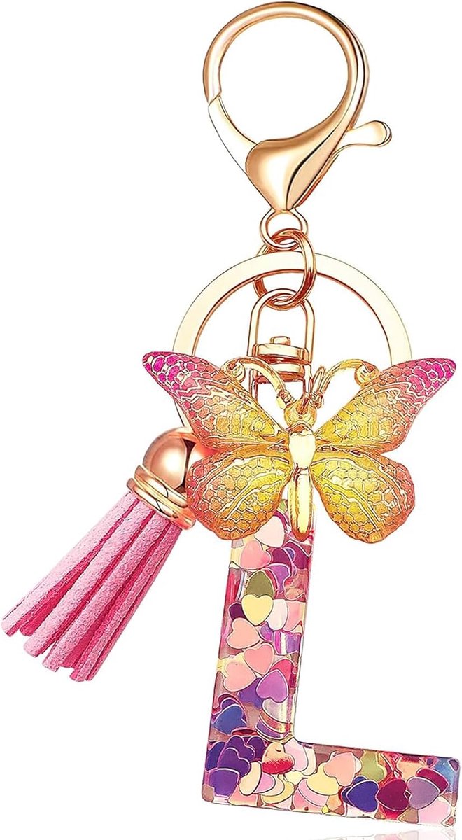 Sleutelhanger voor meisjes, sleutelhanger, vlinder, roze met beginletters, goud, sleutelringen, hartvormig, hars, sleutelhanger, gepersonaliseerd sleutelhanger, cadeau