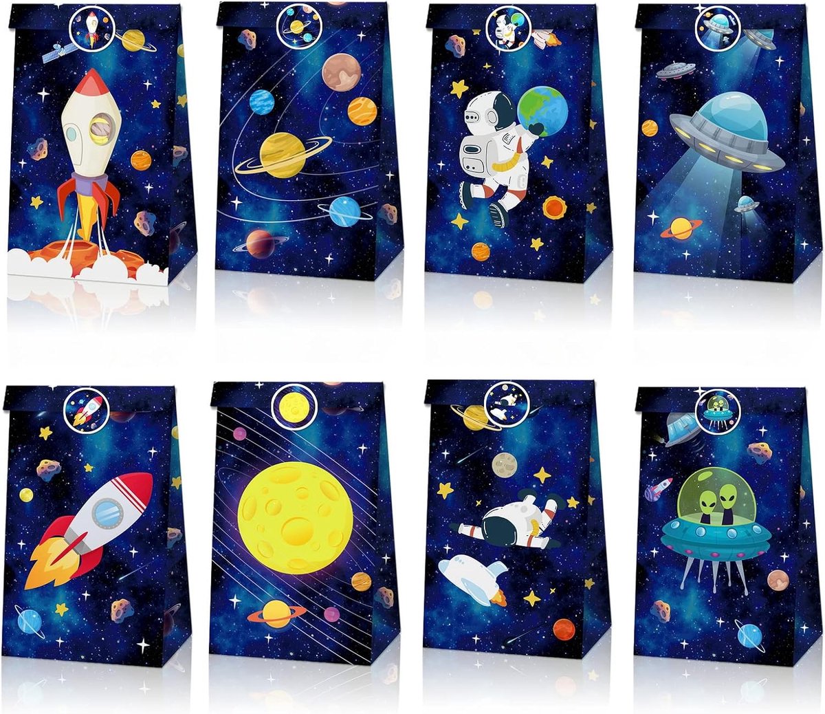 12 Pack Outer Space Thema Feestartikelen Geschenktassen, Snoepzakjes voor astronautenfeestjes, Planet Rocket Party papieren zakken, verjaardagsfeestje traktatiezakjes met stickers