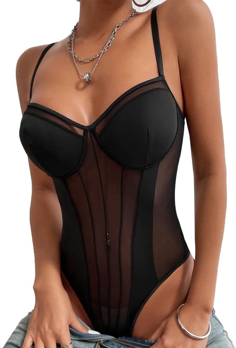 Body Dames Sexy Sheer Mesh Bodysuit Transparante Spaghettibandjes Mouwloos Body Rugvrij Slim Jumpsuit Stretchy Net Ondergoed Blousebody Slank Bovendeel Mode Going Out Tops