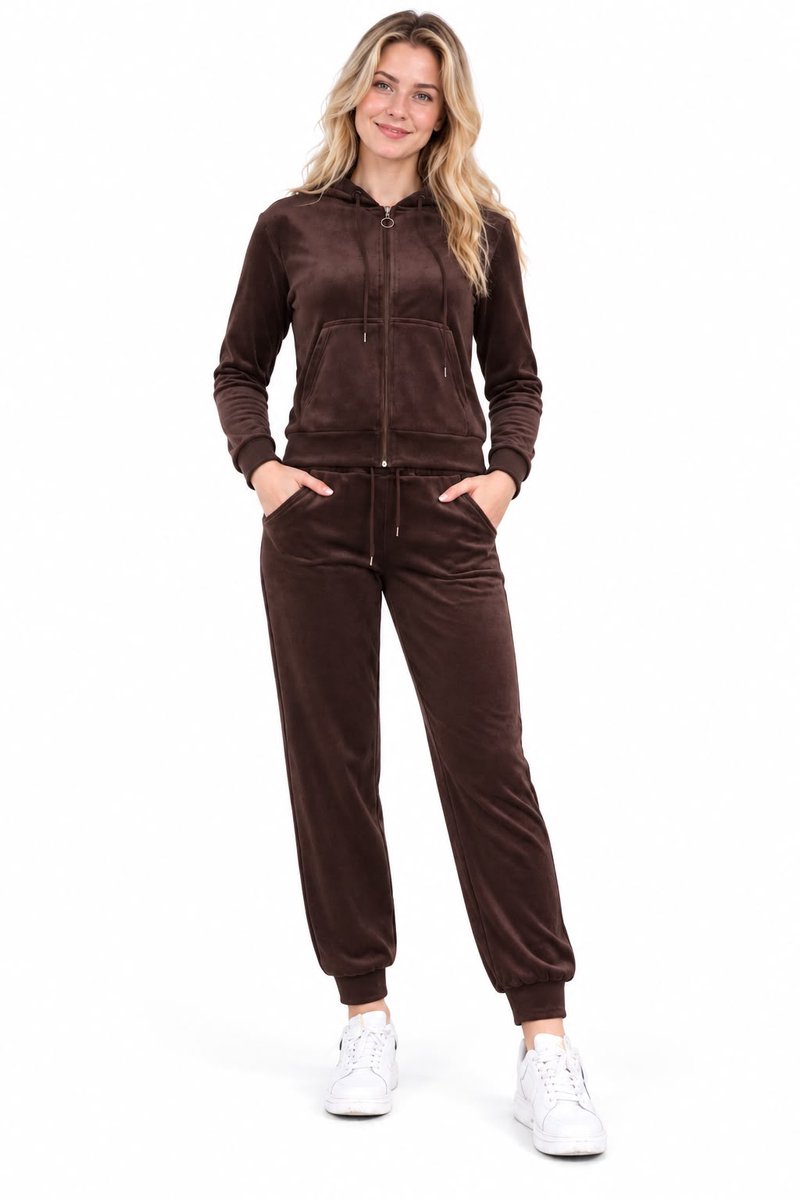 Dames must-Have Velvet Huispak-Huispak-Velours Huispak-Hoodie met capuchon-Rits-Joggingpak-Huispak-L/XL(40/42) NGHP-W26005 Choco