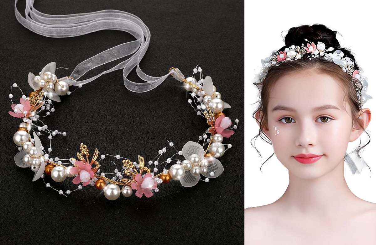 Haarsieraad voor bruid, bloemen, parels, hoofdband met verstelbare band, bloemenkroon, handgemaakte parelrank, voor bruidsmeisjes, bruiden, vrouwen, bruiloft, verjaardagsfeest, roze
