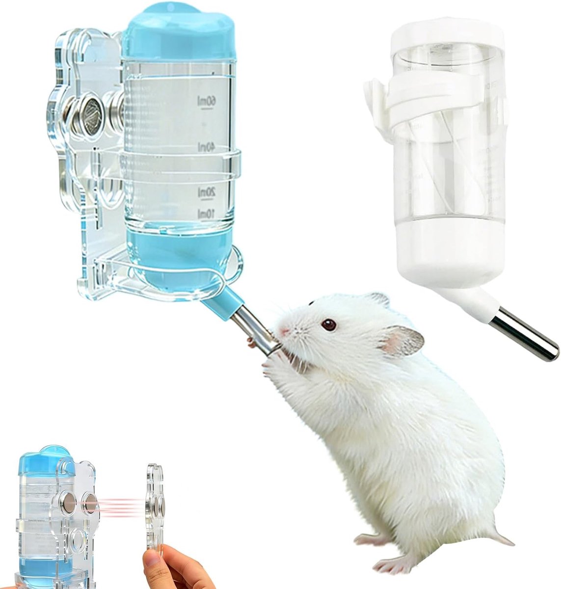 Waterfles voor hamsters met magnetische stents, 80 ml, waterdispenser voor hamsters met houder, geschikt voor Syrische dwerghamsters, gerbils, muizen, ratten, degus