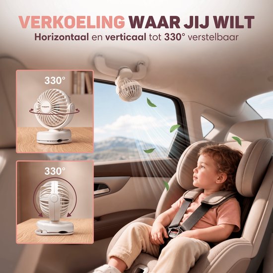 Vulpes Goods® BabyCare – Kinderwagen Ventilator met Klem – Mini Ventilator – Oplaadbaar – Slechts 138 gram – USB-C – 3 Standen – 2000 mAh – Beige — afbeelding 5