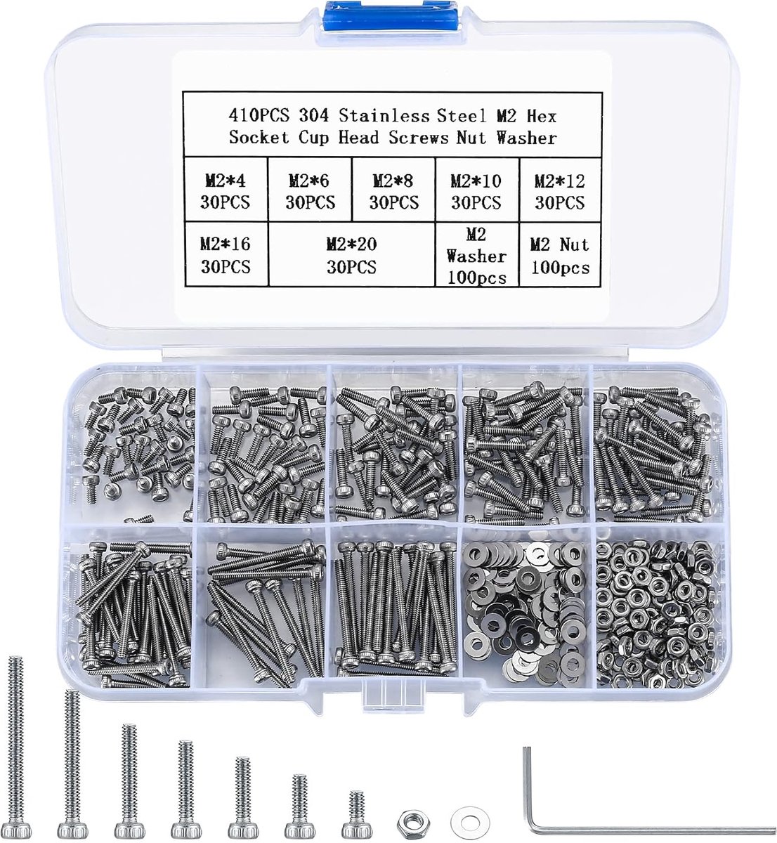 410-delig M2 Inbusschroeven Set, 304 Roestvrij Staal Zeskant Schroeven, Moeren en Ringen Assortiment met Inbussleutels