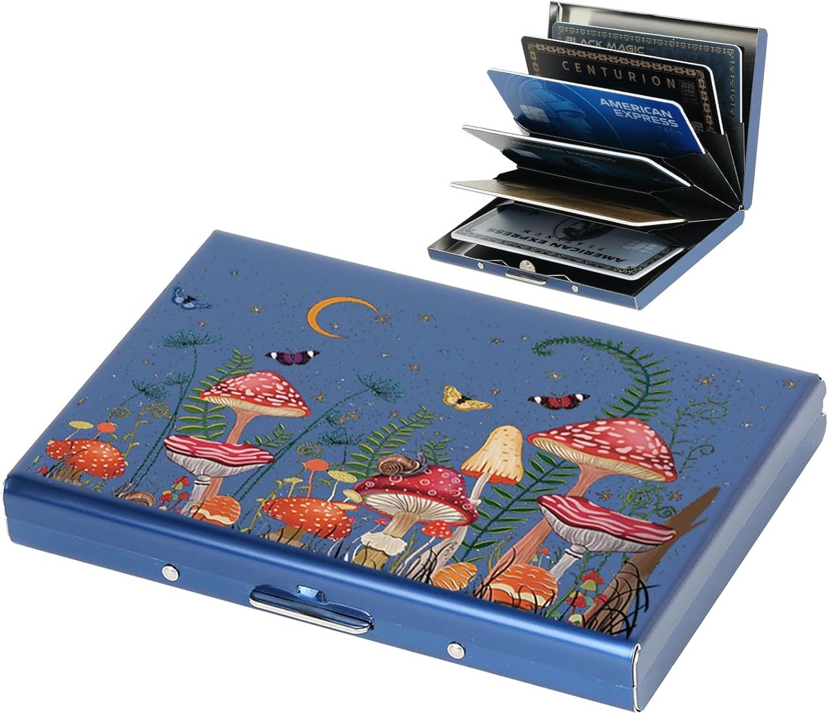Pashouders, RFID Blokkeren Creditcardhouder, Slanke Metalen Portemonnee, met 6 Kaartsleuven, voor Dames en Heren.(6 Kaart/Blauw/Paddestoel)