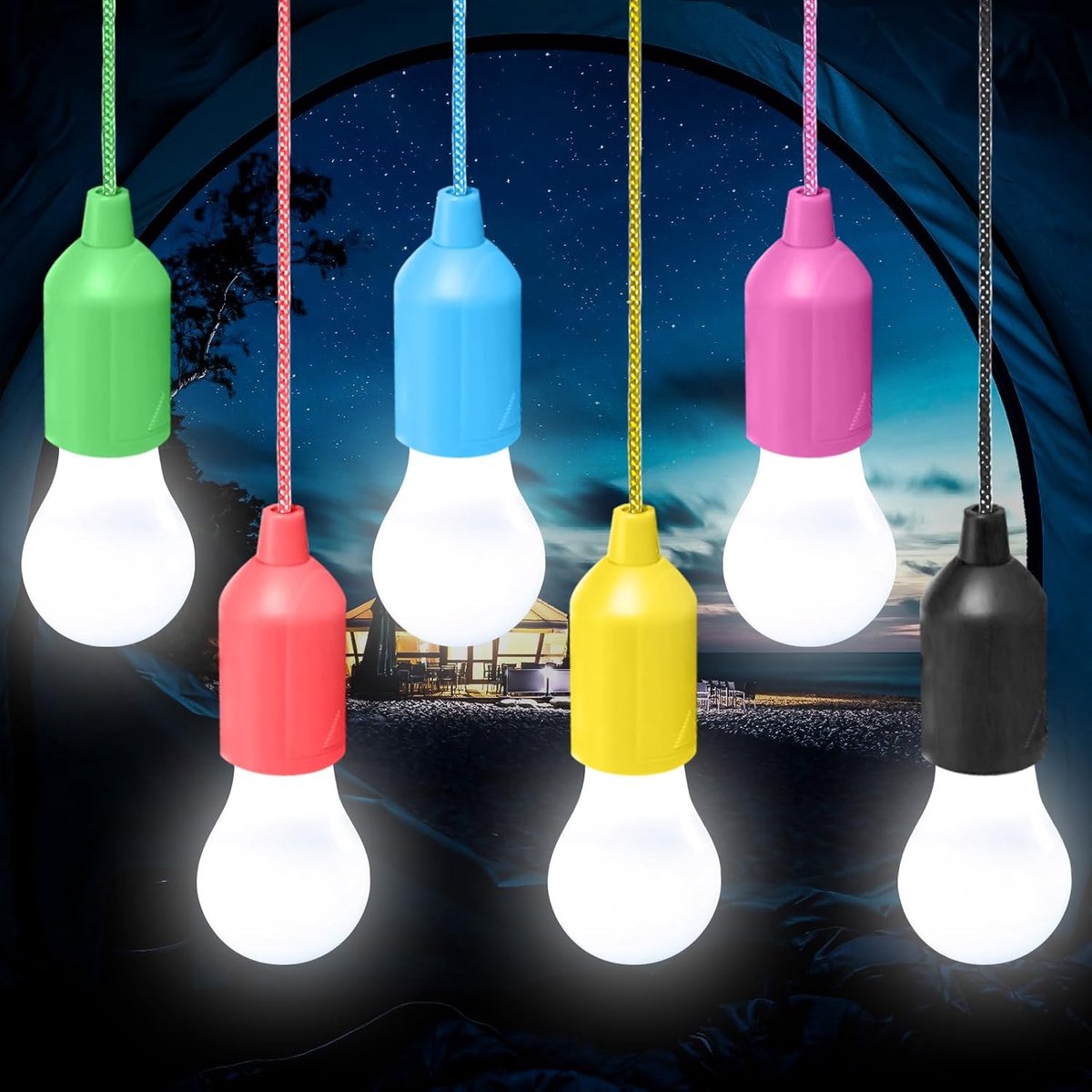 6 stuks campinglamp: led-campinglamp met trekschakelaar, op batterijen werkende lamp, campinglantaarn, draagbare campinglantaarn voor wandelen, vissen, bureau, camping
