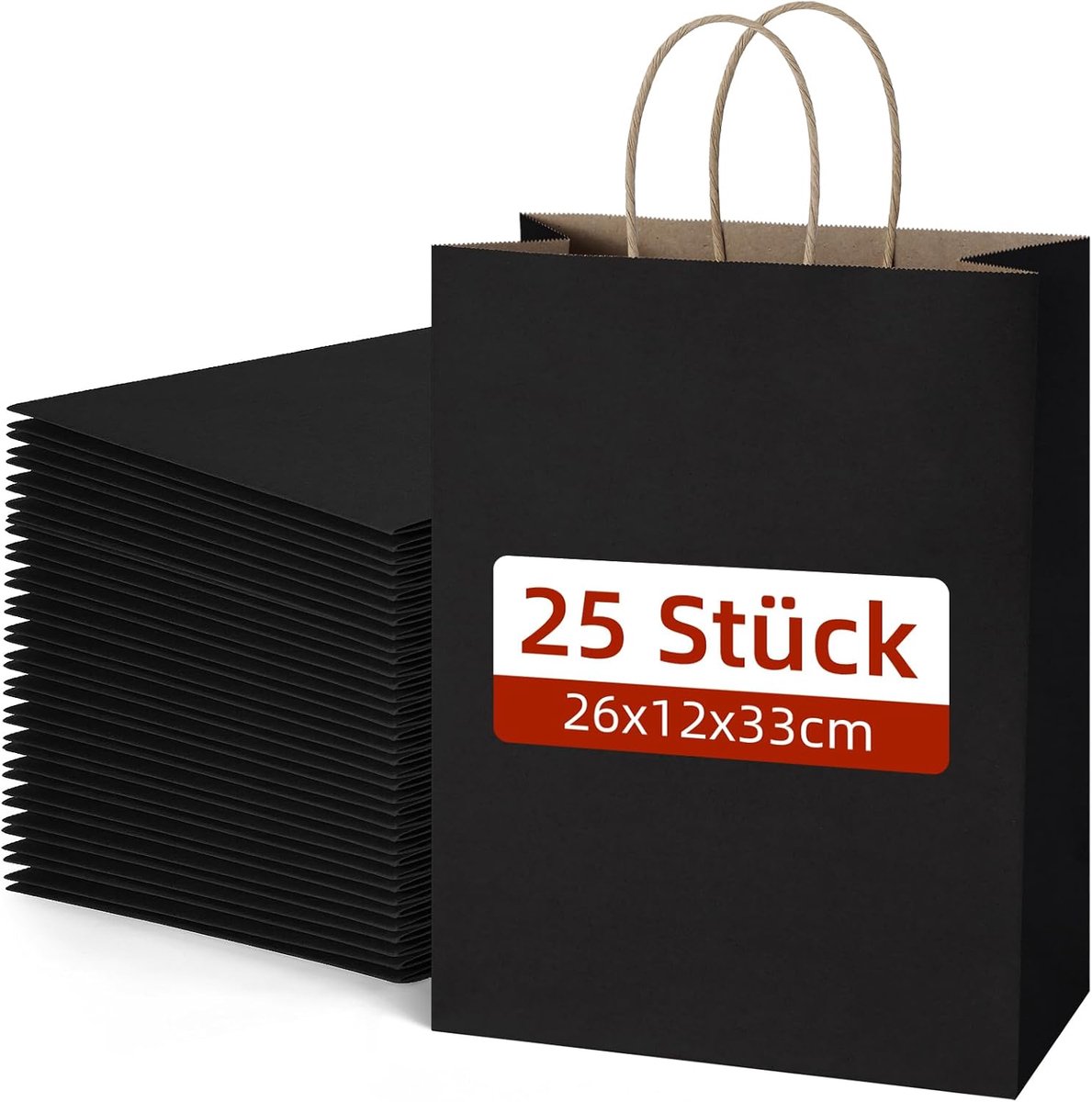 25 stuks bulk herbruikbare zwarte papieren zakken, 26 x 12 x 33 cm, grote cadeauzakjes met handgrepen, veelzijdige toepassingen, bio-afvalzakken, klein bedrijf, kunst en handwerk