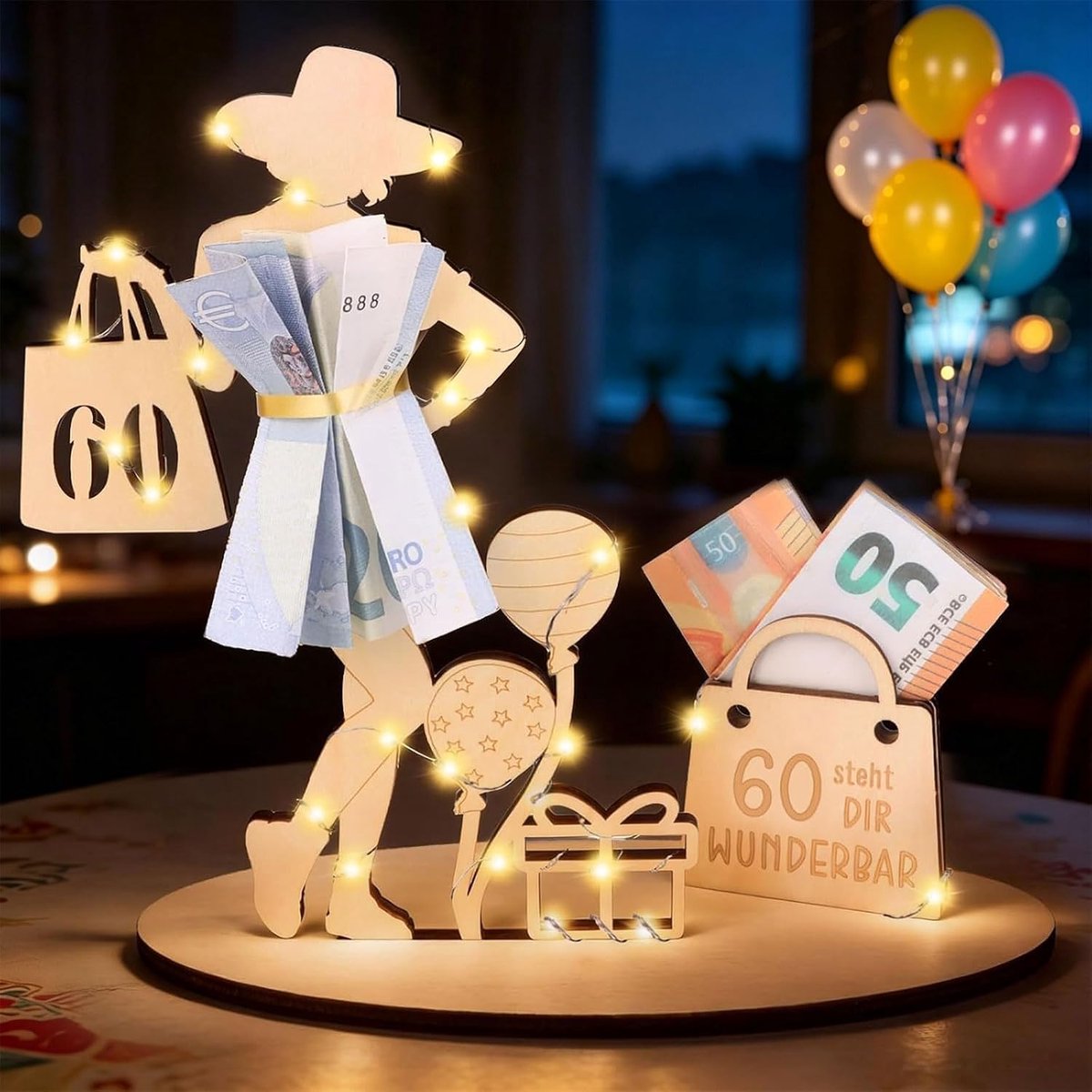Verjaardag 60e verjaardag vrouw decoratie, houten gastenboek met led-lichtketting, gepersonaliseerde geschenken voor 60e verjaardag vrouw, creatief geldcadeau, bruiloft tafeldecoratie