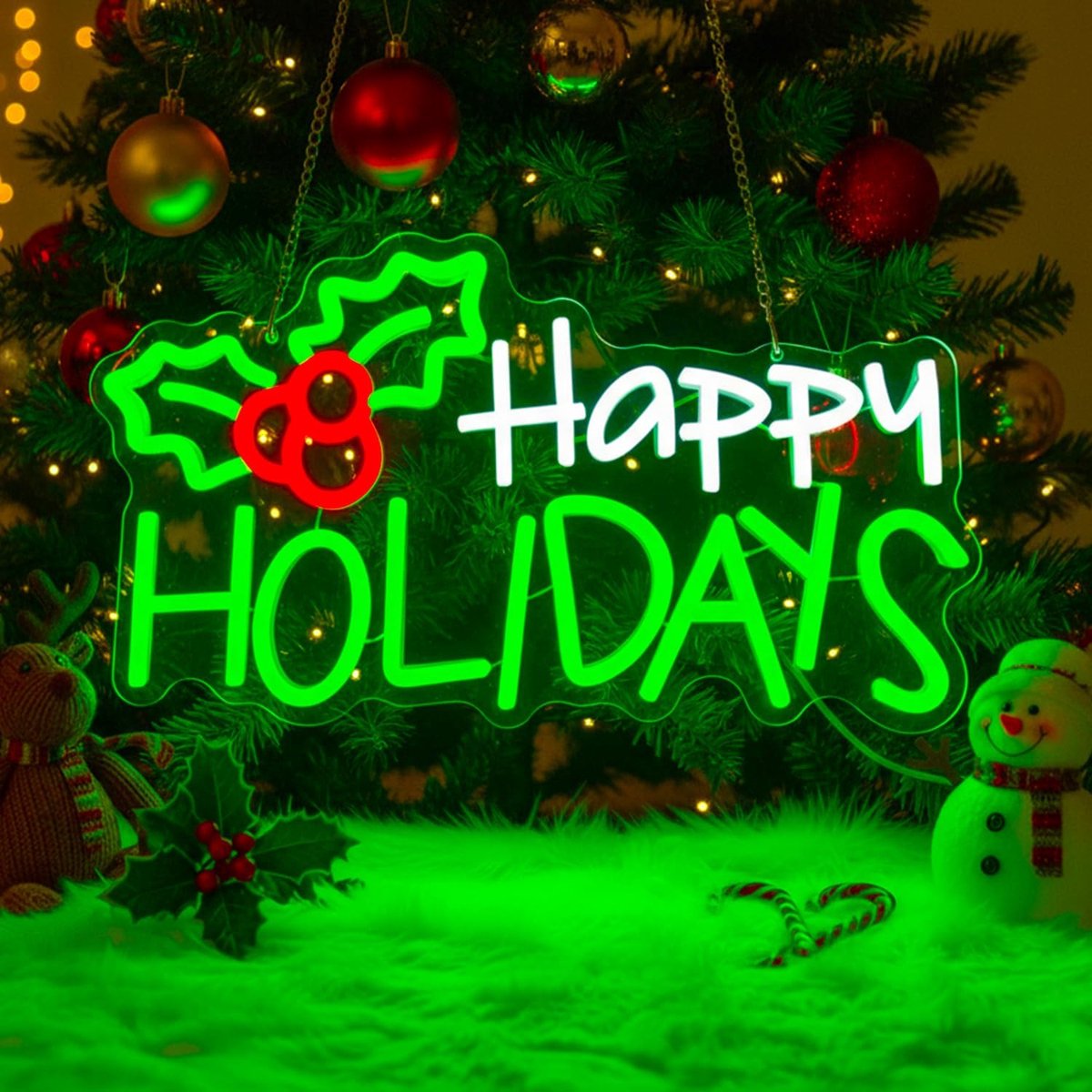 Vakantie Neon Teken,Vakantie Neon Sign voor Kerst Nieuwjaar Festival Party Decor,Holly Berries Neon Teken,Groen Witte Letter LED Neon Licht voor Home Living Room Bar Shop