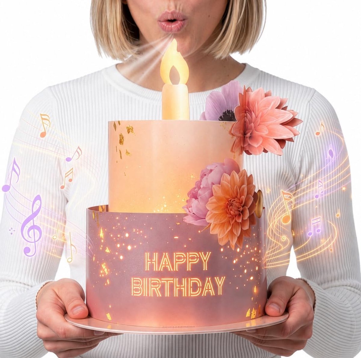 Coon Verjaardagskaart met muziek en licht en uitblaasbare kaars, voor vrouwen, 3D pop-up verjaardagskaart, Happy Birthday-kaart met muziek, 20 x 24 cm